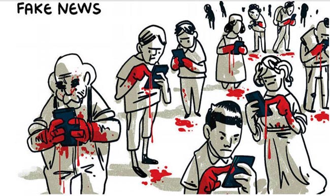 Fake news - pessoas com mãos sangrando usando o celular